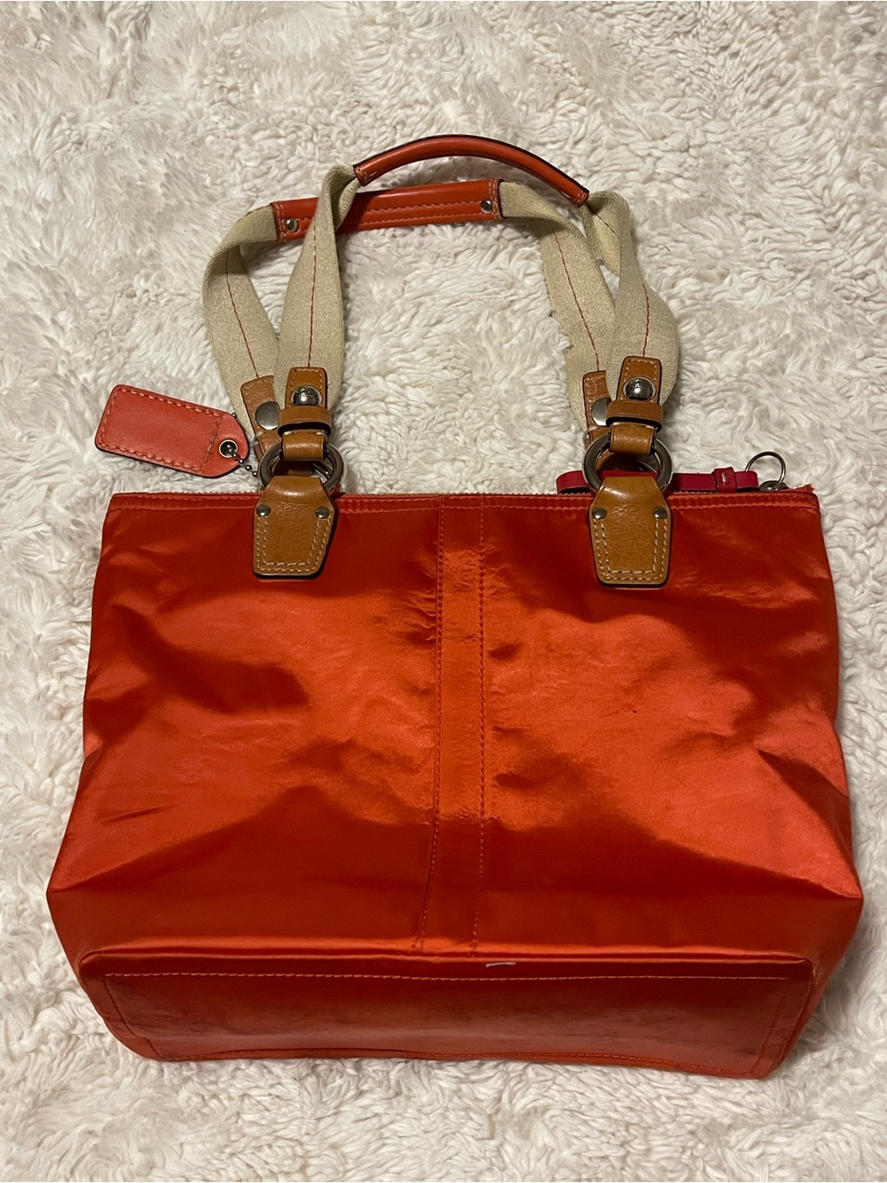 Coach Hamptons Weekend Small Tote Bag Red Satin Nylon Canvas Leather Trim 11744 - Picture 5 of 16